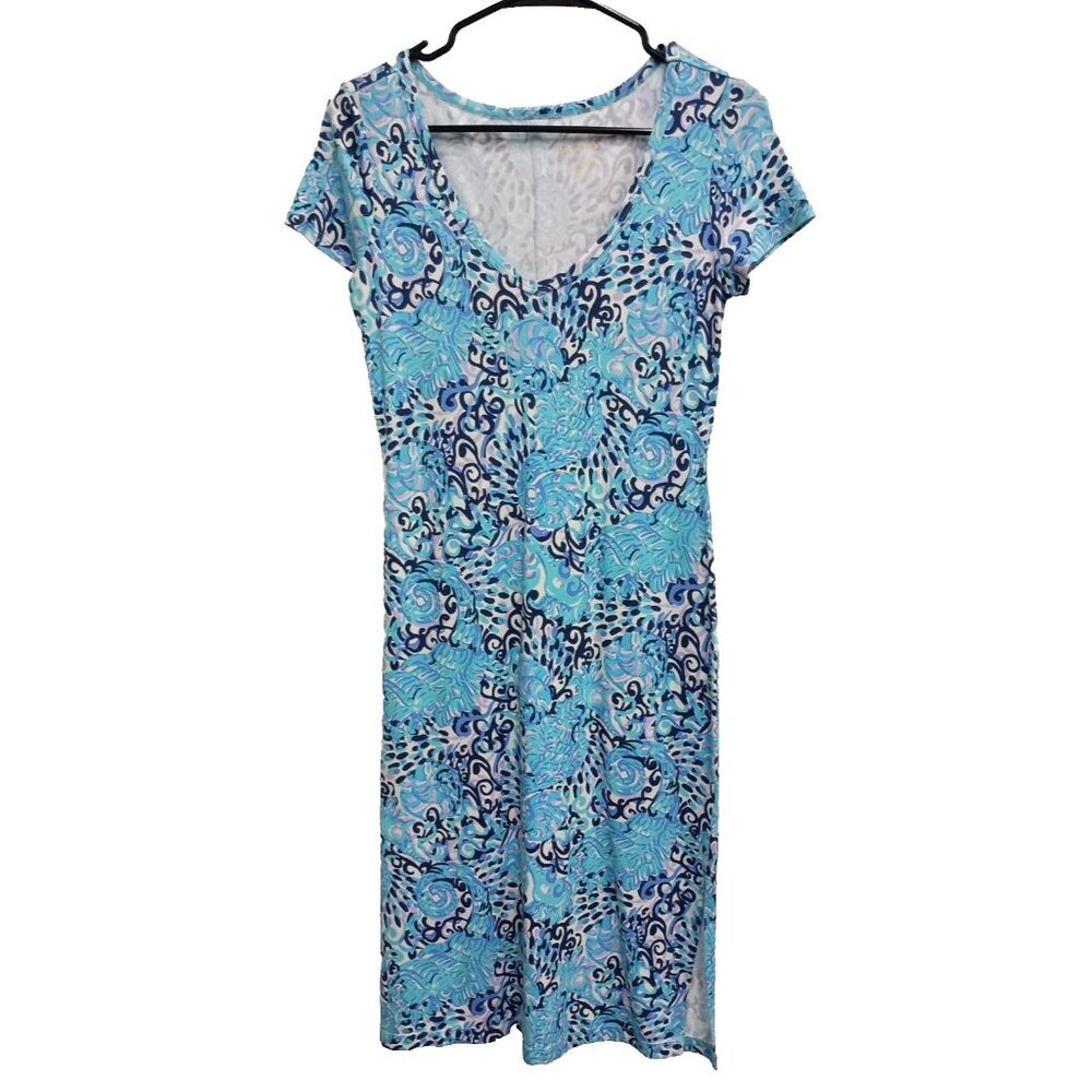 Lilly Pulitzer‎ Womens Malin Midi Dress XS Light Aqua Spritz Shell Print Resort